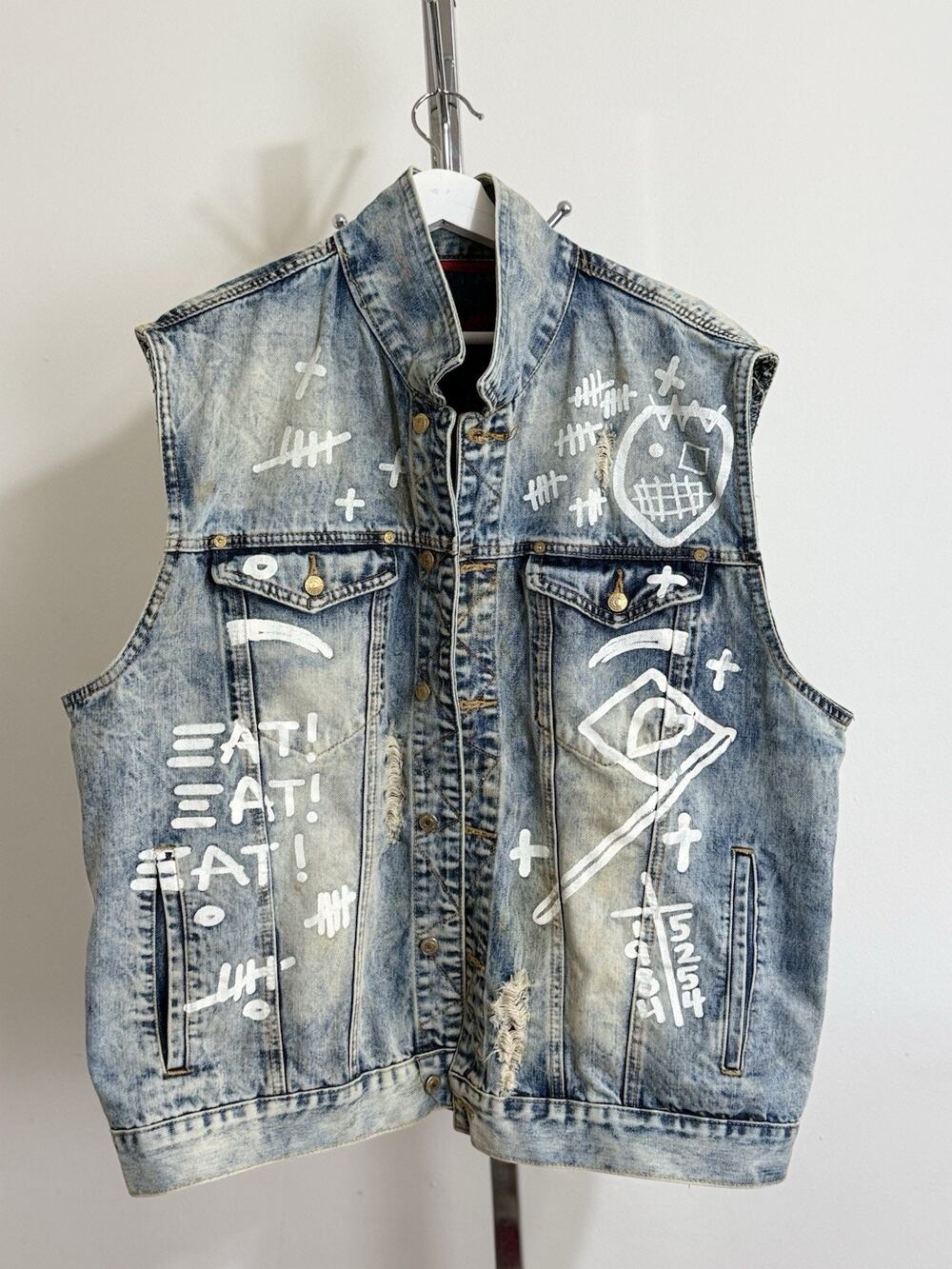 Ron Bass Men’s Graffiti Rockstar Denim Vest Jacket 3XL Acid Wash Distressed